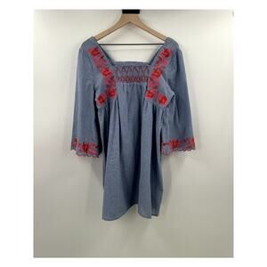 VICI Boho Blue White Stripe Floral Embroidered Mini Flowy Dress Medium